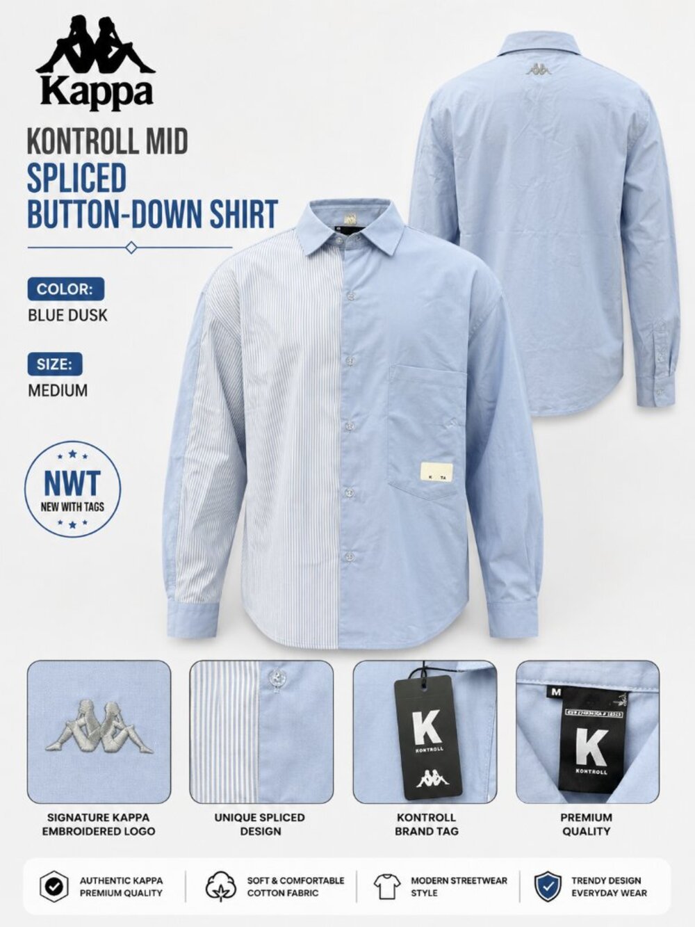 NWT Kappa Kontroll Mid Spliced Button Down Shirt Blue Dusk Size M